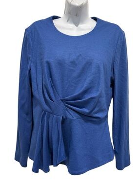 THE FOLD Peplum Ruched & Pleated 100% Wool Top Royal Blue Round Neck Size 12